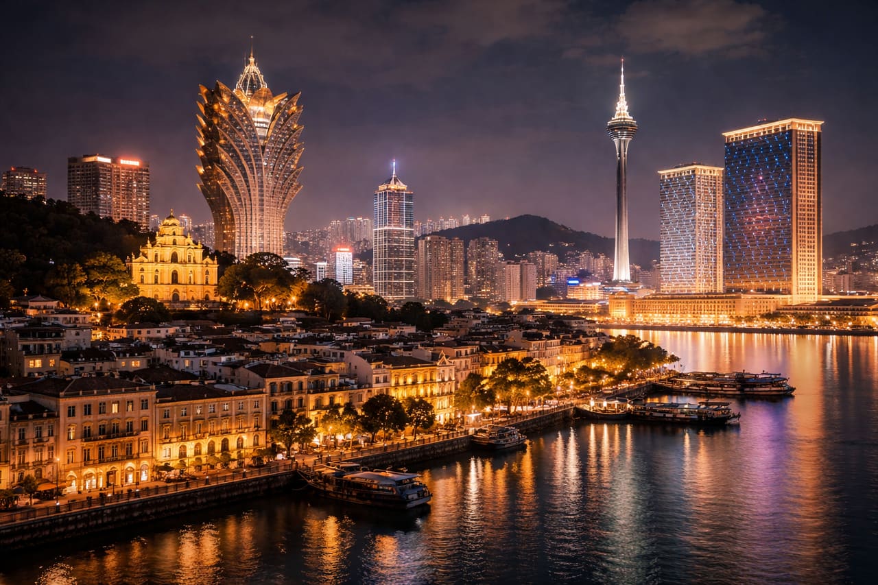 La città notturna di Macao con edifici storici