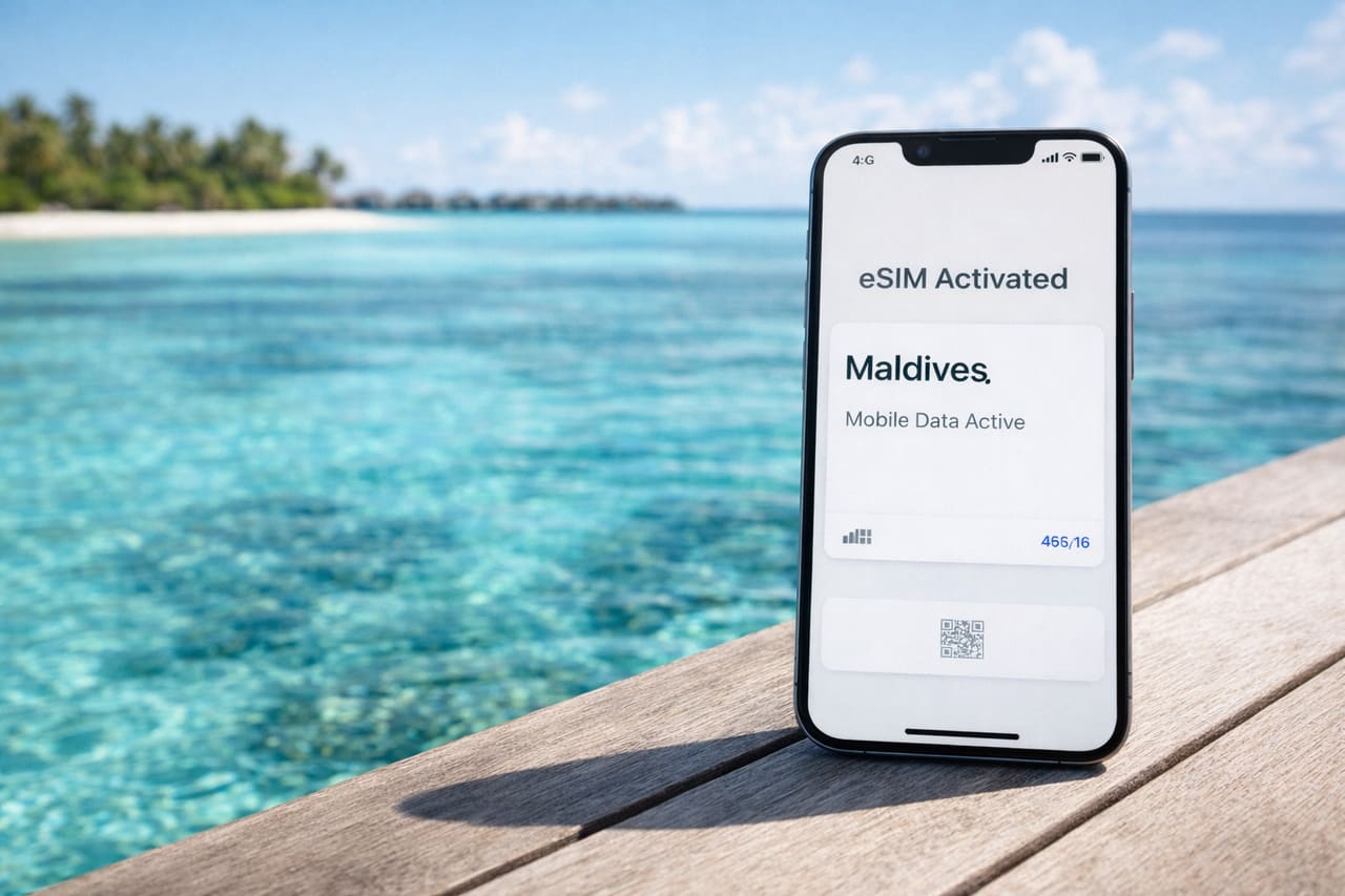 Smartphone con eSIM attiva per le Maldive sullo sfondo di una laguna turchese e ville sull’acqua