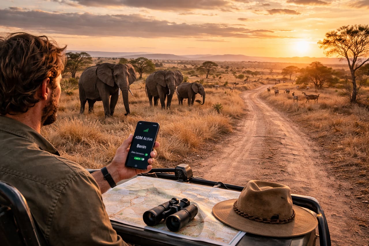 Pendjari Nationalpark i Benin med gylden savanne, vilde dyr, vej gennem parken og en rejsende med en smartphone med aktiv eSIM før safariruten