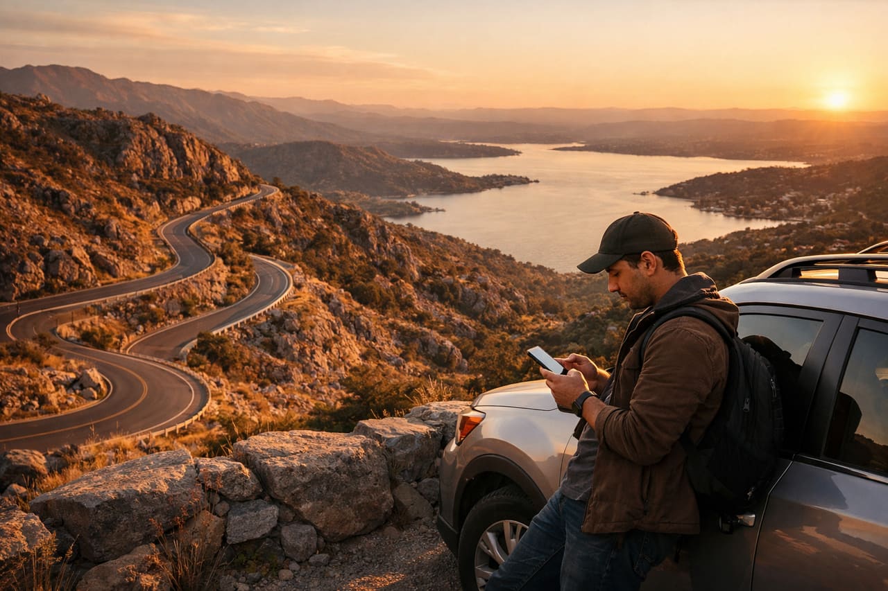 Strade panoramiche nella regione di Córdoba e viaggiatore che usa la navigazione tramite eSIM