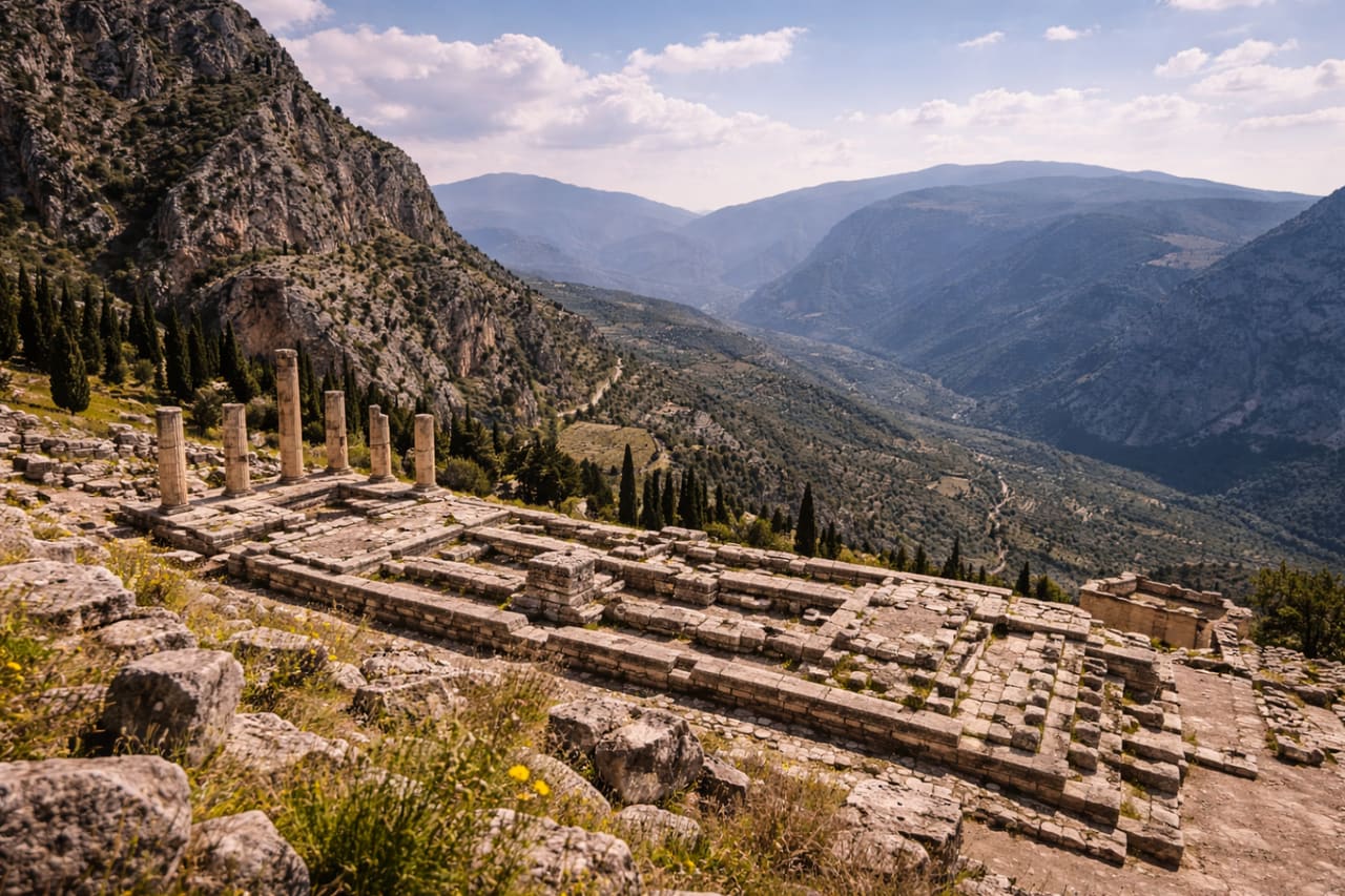 Rovine dell’antica Delfi sul fianco della montagna con vista su un’ampia valle