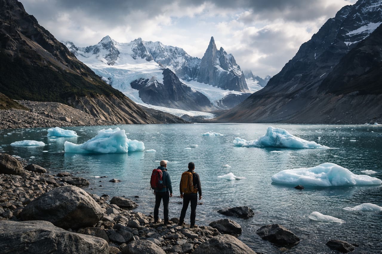Laguna Torre in Patagonia e trekker che controllano la mappa del percorso sullo smartphone