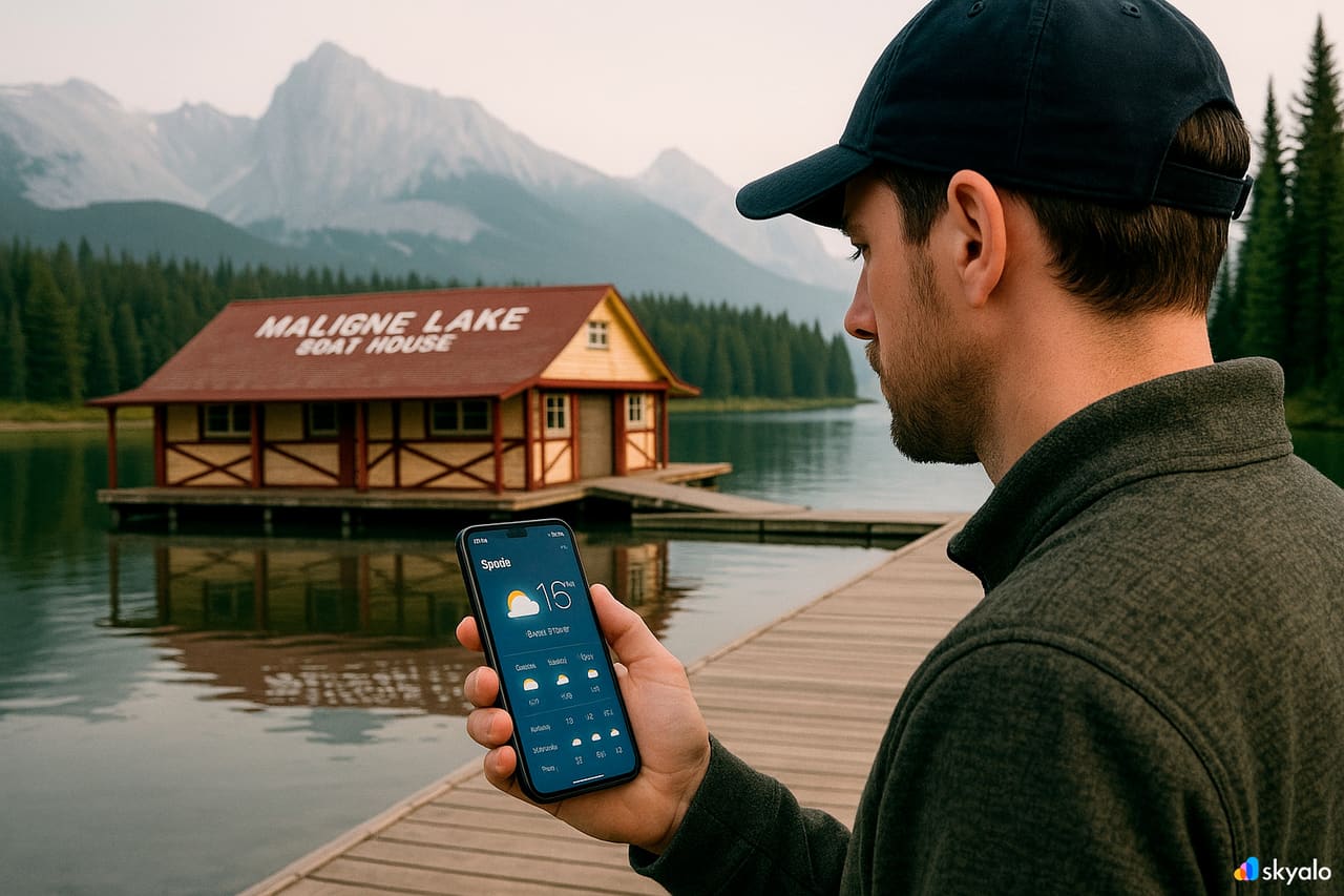 Viaggiatore sul molo di Maligne Lake; previsioni meteo via eSIM Skyalo, acque nebbiose e sagome di montagne nella foschia