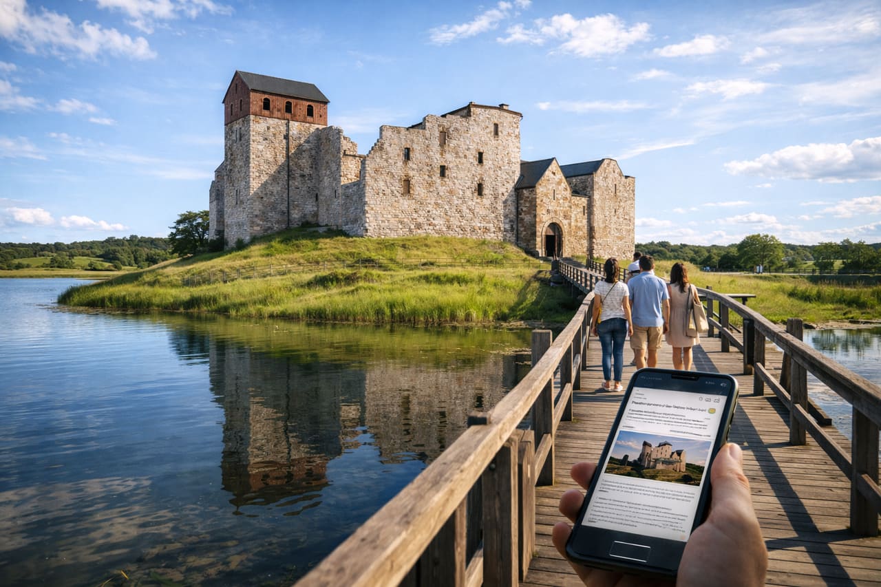Castello medievale di Kastelholm nelle Isole Åland con turisti che usano uno smartphone con eSIM