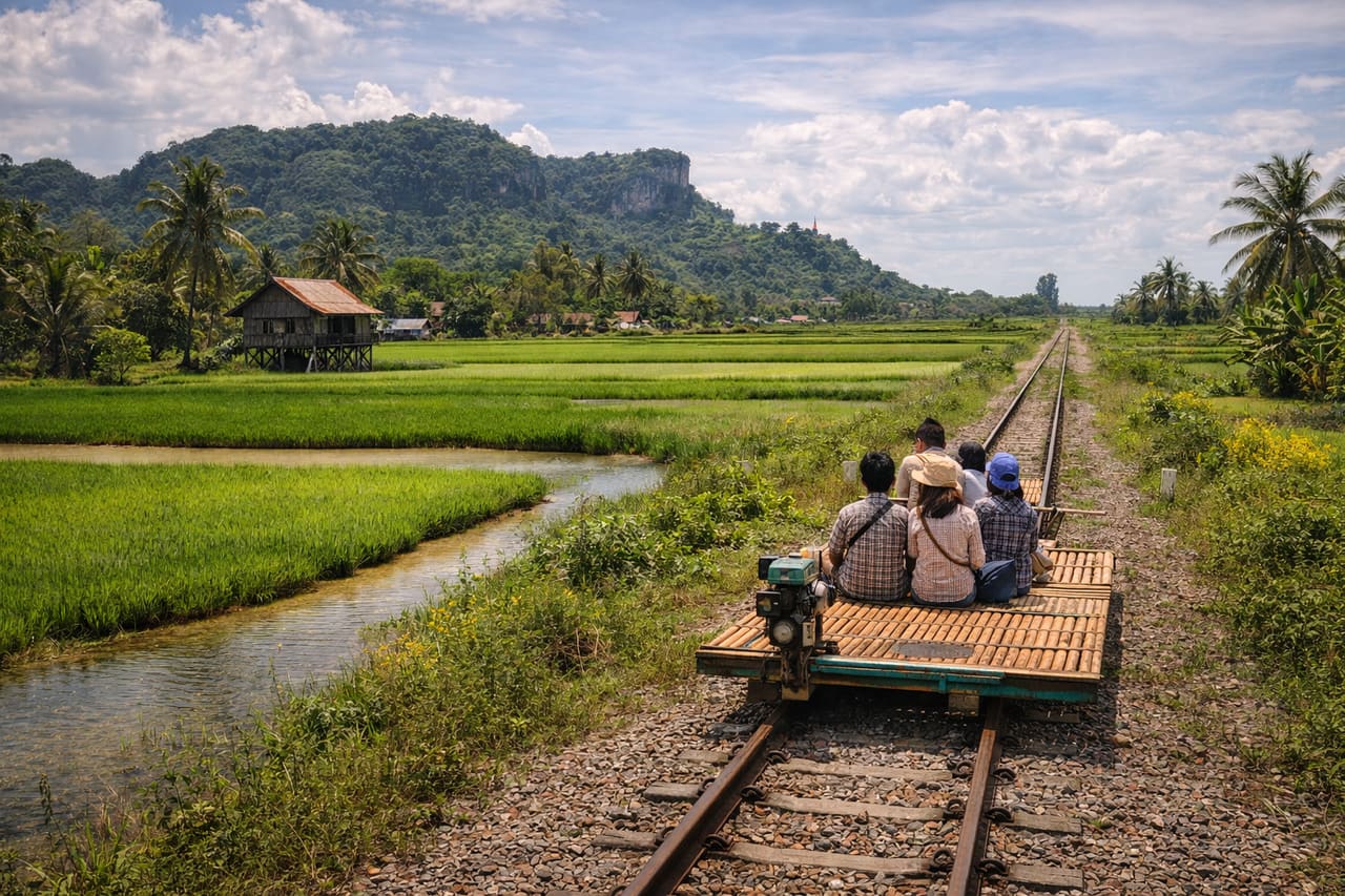 Treno di bambù a Battambang che attraversa le risaie