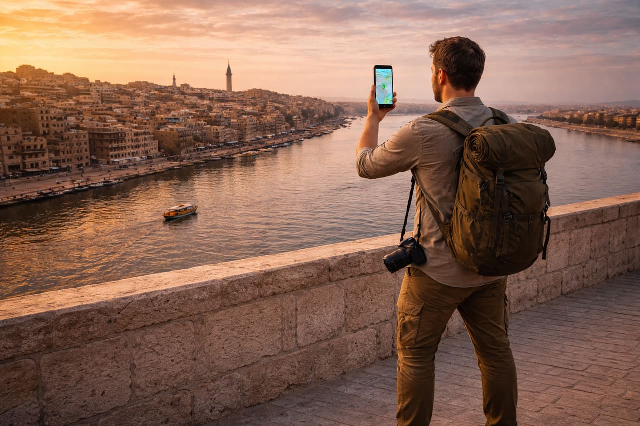 Keliautojas Tikrito mieste naudoja išmanųjį telefoną su eSIM internetu Tigro upės fone
