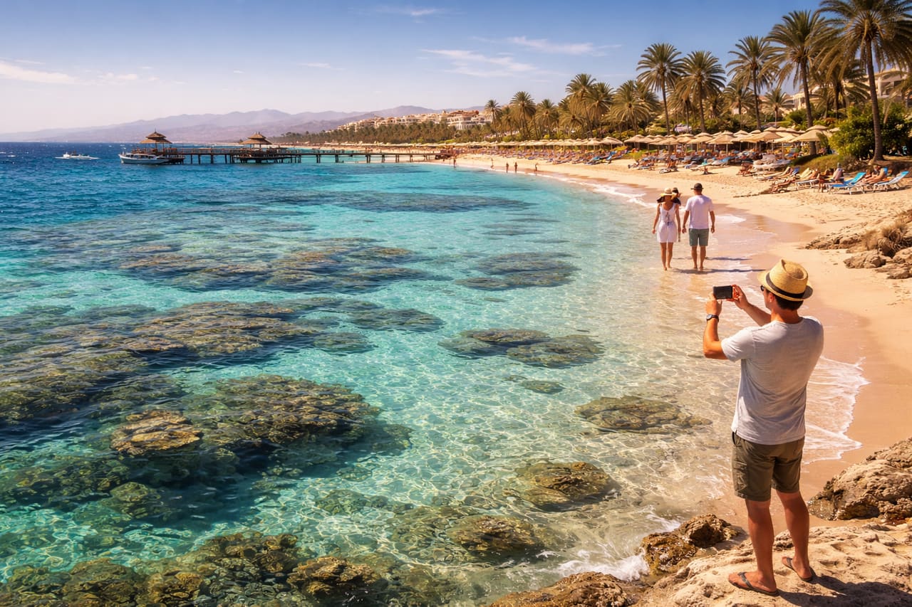Spiagge di Hurghada e Mar Rosso con turisti sulla costa, vacanza in Egitto con internet mobile eSIM