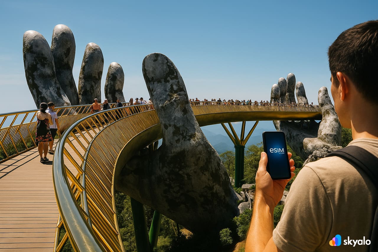 Golden Bridge a Ba Na Hills, viaggiatore con eSIM che carica subito scatti panoramici sui social media
