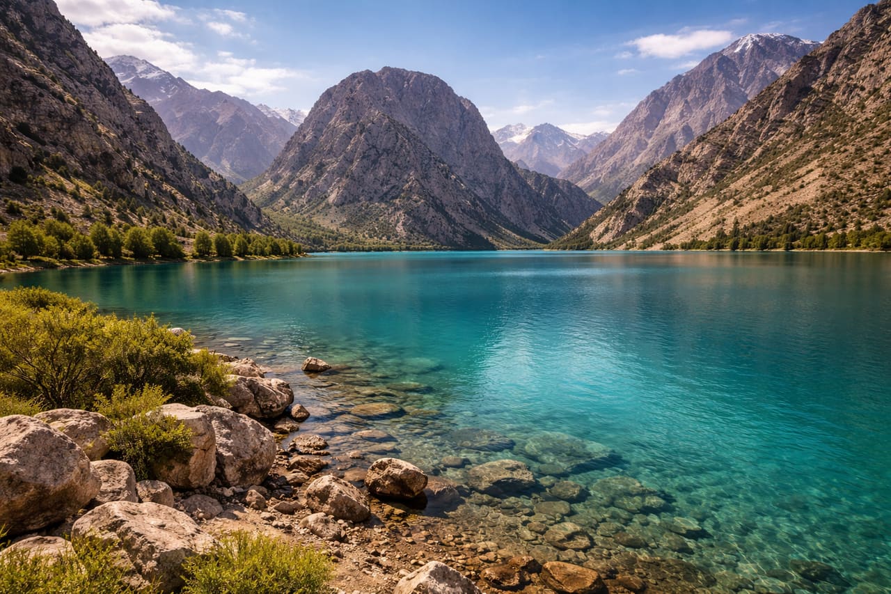 Озеро Искандеркуль в Таджикистане с бирюзовой водой, горными склонами, каменистым берегом и ярким высокогорным светом.