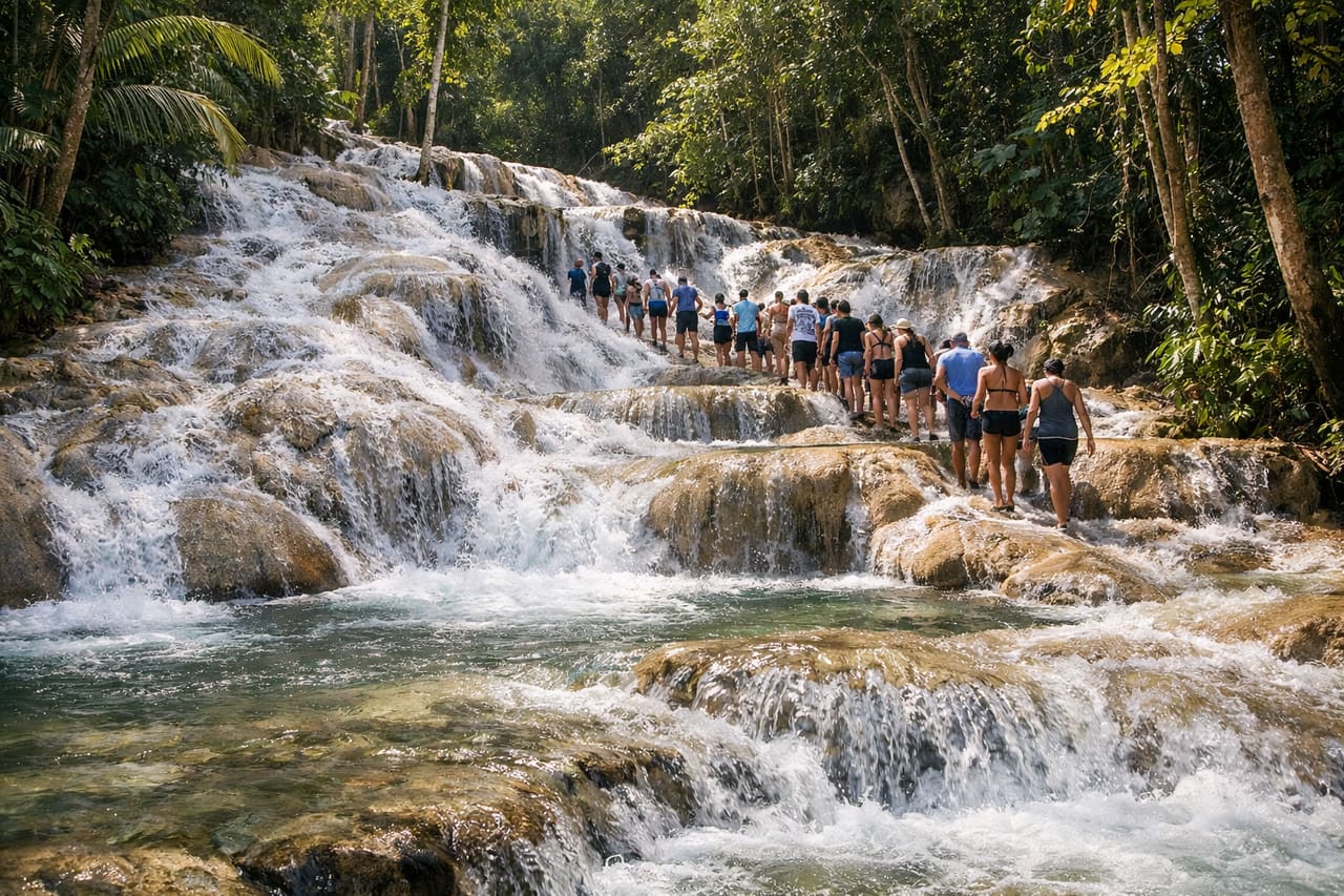 Cascate a gradoni del Dunn’s River: turisti a metà scena risalgono l’acqua, uno riprende con lo smartphone