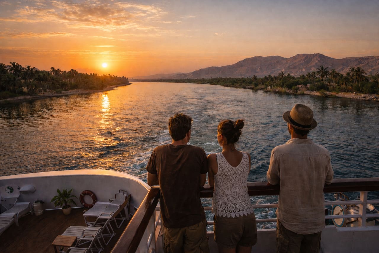 Crociera sul Nilo tra Luxor e Assuan con turisti sul ponte della nave, viaggio in Egitto con eSIM