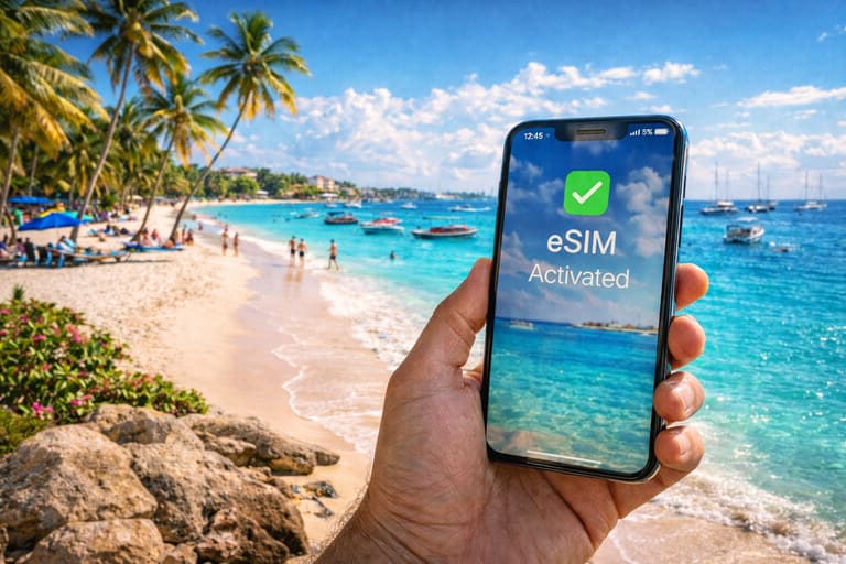 Путешественник использует смартфон с активированной eSIM на пляже Барбадоса