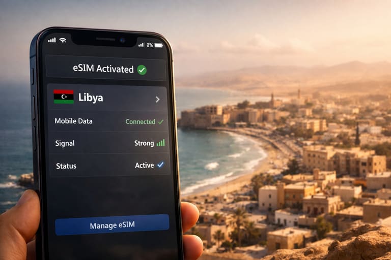 Смартфон с активной eSIM и максимально читаемым интерфейсом на фоне средиземноморского побережья, тёплых городских тонов и североафриканского пейзажа Ливии.