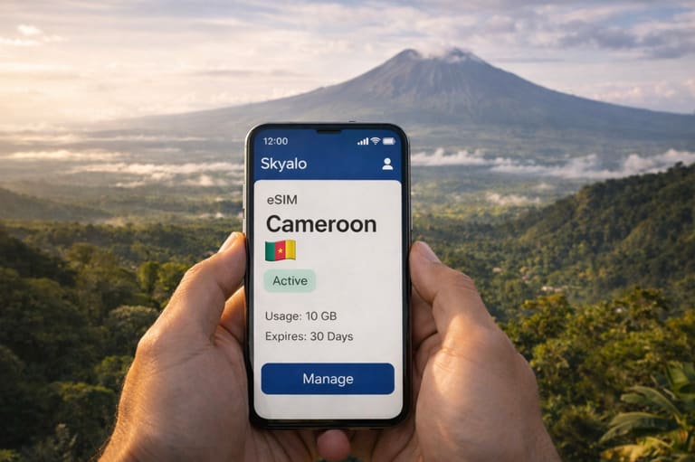 Смартфон с активированной eSIM Skyalo для Камеруна на фоне тропического пейзажа с горой Камерун, густыми зелёными лесами и мягким утренним туманом