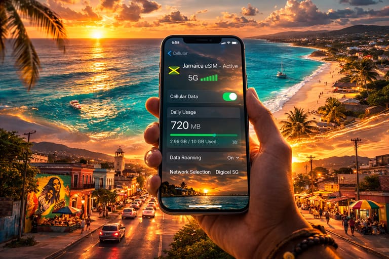 Смартфон с активной Jamaica eSIM и 5G сигналом на фоне двойной экспозиции побережья и улиц Кингстона