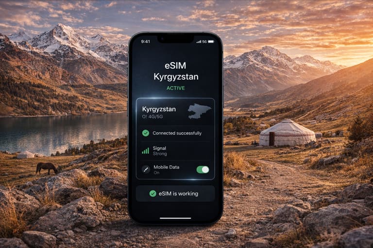 Смартфон с активированной eSIM для Кыргызстана на фоне горного пейзажа с озером и юртой, современный интерфейс с успешным подключением и сильным сигналом