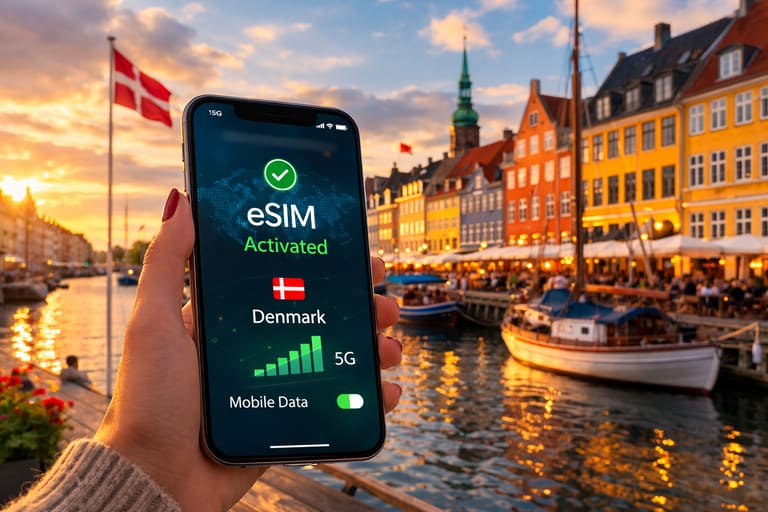 Смартфон с активированной eSIM на фоне набережной Нюхавн в Копенгагене