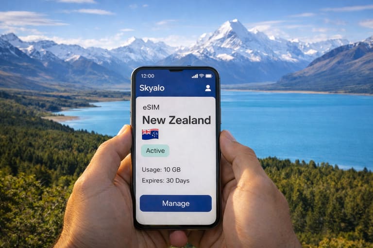 Смартфон с eSIM Skyalo для Новой Зеландии на фоне гор, озера и живописной природы, статус активен