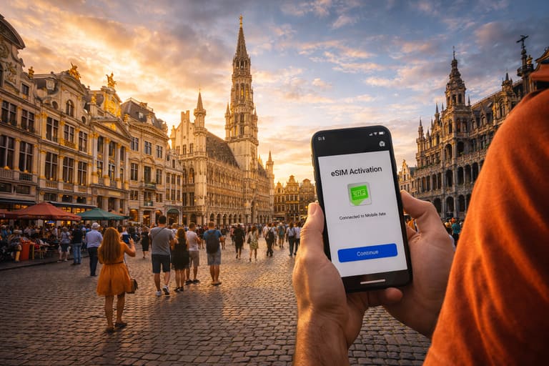 Турист использует смартфон с eSIM интернетом на площади Гран-Плас в Брюсселе во время путешествия по Бельгии