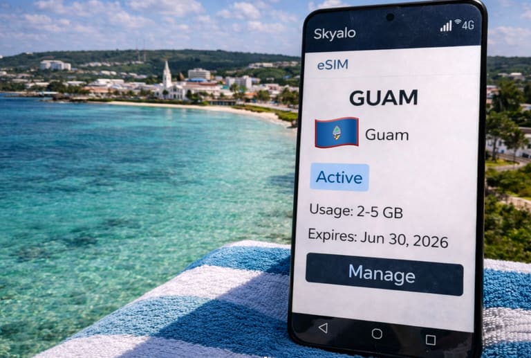 Смартфон с активной eSIM Skyalo для Гуама на экране, на фоне побережье Хагатны и бирюзовый океан