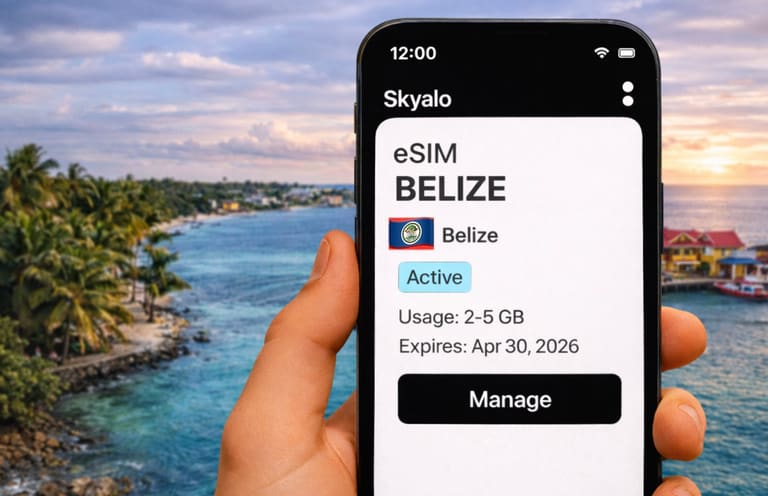 Смартфон с активной eSIM Skyalo для Белиза на экране, на фоне тропического побережья и океана