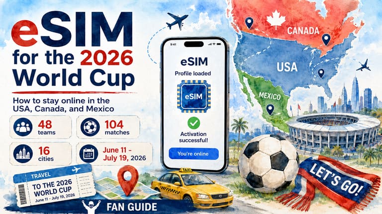 eSIM для Чемпионата мира 2026 с телефоном, картой Северной Америки, стадионом, футбольным мячом и билетом