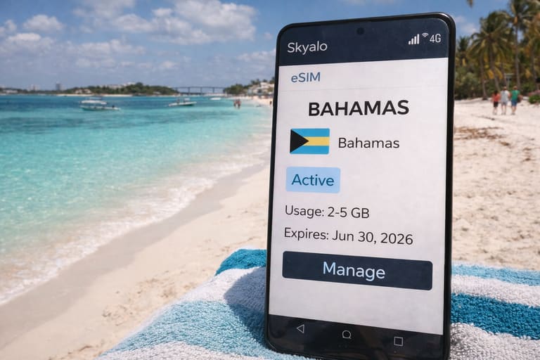 Подключение eSIM для мобильного интернета на Багамах на фоне тропического пляжа.