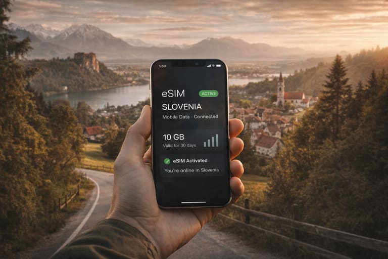Смартфон с активированной eSIM в Словении на фоне альпийского пейзажа, зелёных холмов и живописной дороги