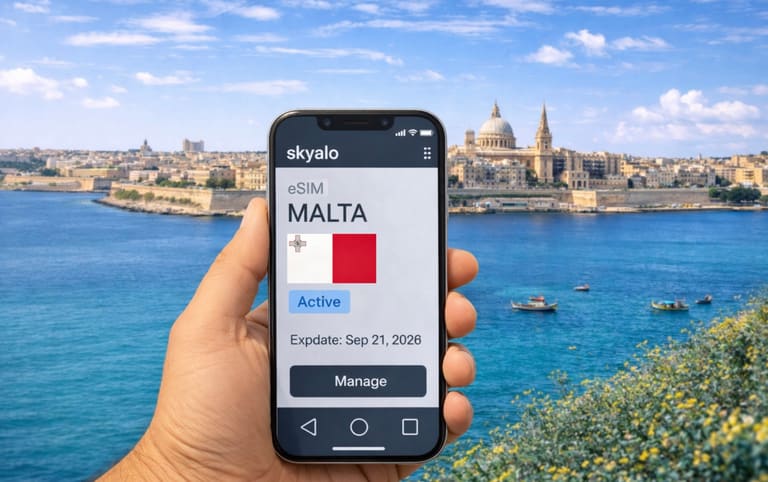 Смартфон с приложением Skyalo и активированной eSIM для Мальты на фоне яркого побережья Валлетты, голубого моря и традиционных лодок.