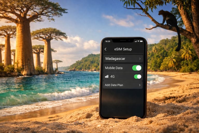 Смартфон с активированной eSIM на фоне баобабов и тропического побережья Мадагаскара