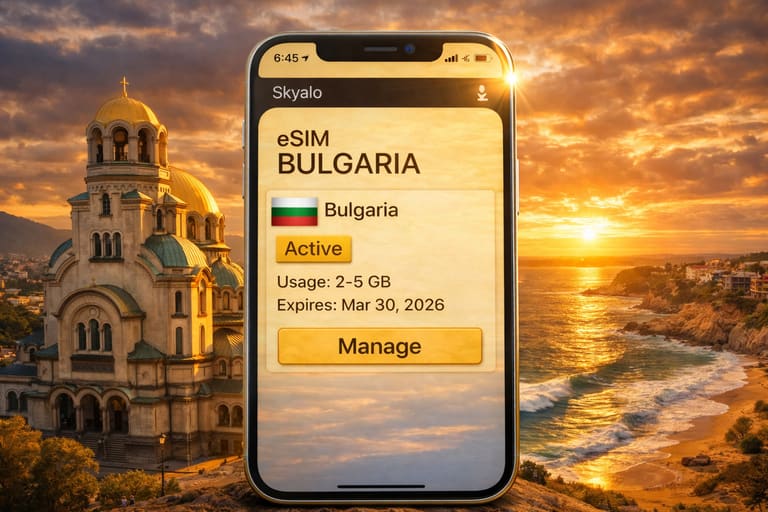 eSIM для Болгарии активирована на смартфоне на фоне собора Александра Невского и побережья Чёрного моря на закате