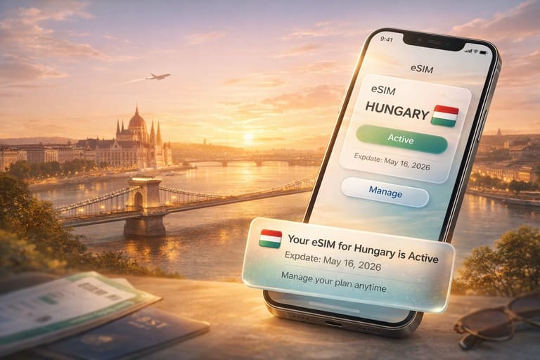 Инфографика с eSIM для Венгрии на экране смартфона на фоне Будапешта, отображающая активный статус, дату окончания и управление тарифом