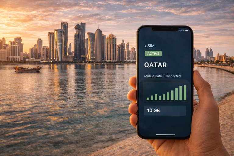 Смартфон с активированной eSIM в Катаре на фоне панорамы Дохи на закате, вид на современный городской skyline и спокойные воды Персидского залива