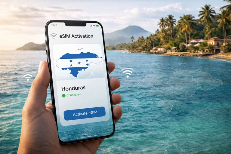 Смартфон с интерфейсом активации eSIM для Гондураса на фоне карибского побережья, пальм и тропического пейзажа.