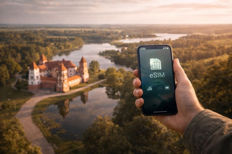 Путешественник с смартфоном и активированной eSIM на фоне природы и замков Беларуси во время поездки