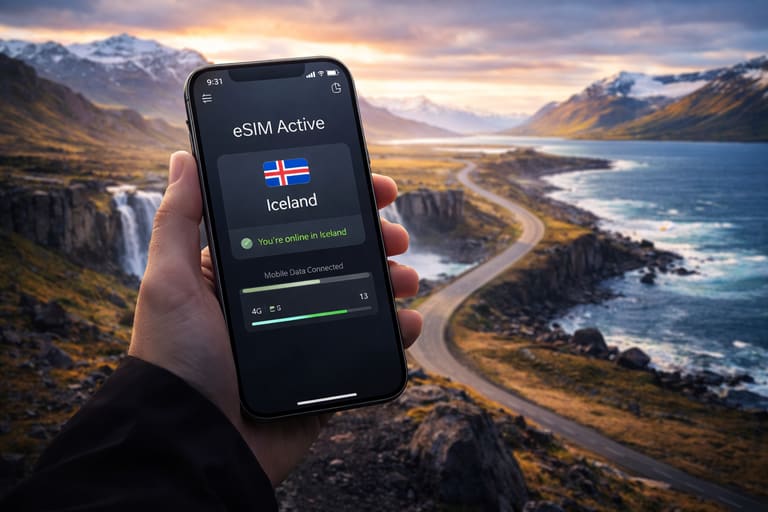 Смартфон с активной eSIM для Исландии на фоне красивых природных пейзажей с горами, водопадом и северной атмосферой