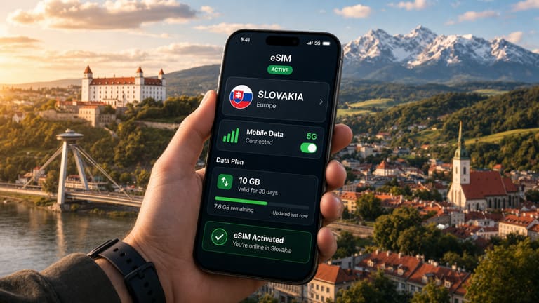 Смартфон с активной eSIM и работающим мобильным интернетом на фоне городской атмосферы Братиславы и горного пейзажа Словакии.