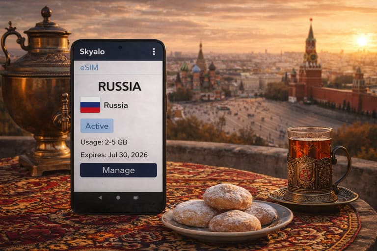 Смартфон с активированной eSIM для России на фоне Красной площади и Кремля во время заката.
