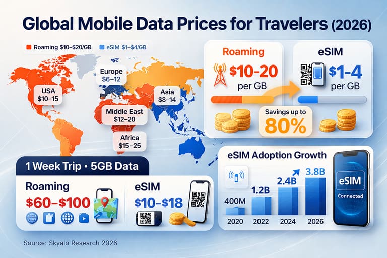 Инфографика сравнения цен на мобильный интернет: роуминг vs eSIM, 2026