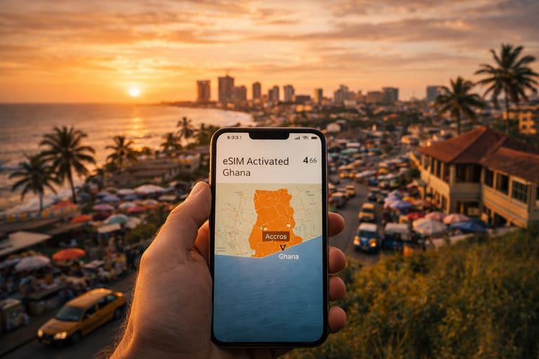 Смартфон с активированной eSIM на фоне города Аккра в Гане и побережья Атлантического океана