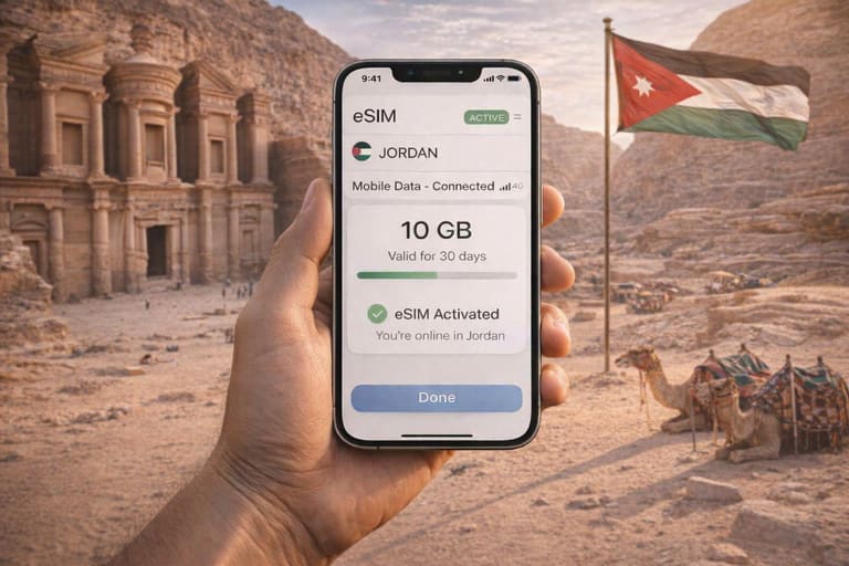 Смартфон с активированной eSIM в Иордании на фоне Петры, с отображением подключённого мобильного интернета и стабильного сигнала