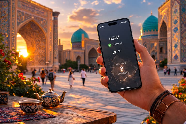 Смартфон с активированной eSIM и картой Узбекистана на экране на фоне Самарканда
