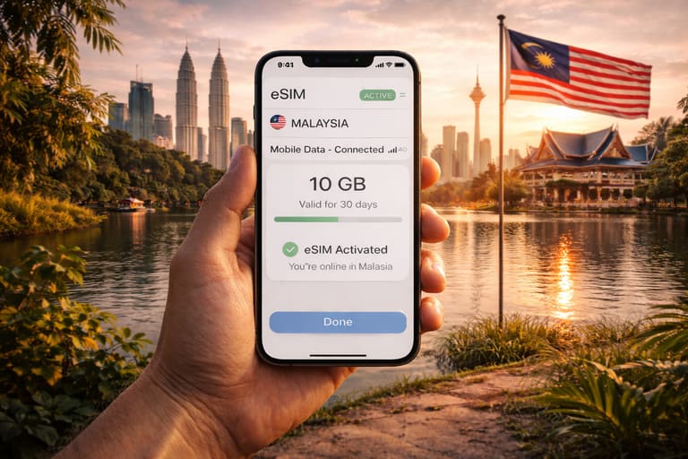 Смартфон с активированной eSIM для Малайзии на фоне вечернего горизонта Куала-Лумпура, башни Петронас, озеро и флаг Малайзии