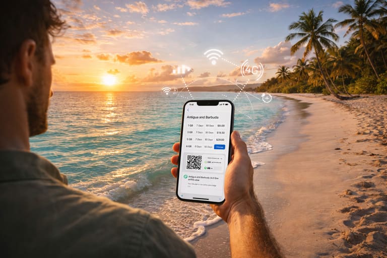 Рассвет на Антигуа и Барбуда с туристом у океана, активирующим eSIM на смартфоне