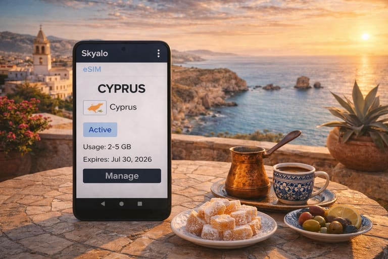 eSIM Skyalo для Кипра на экране смартфона с активным интернетом на фоне средиземноморского побережья, кипрской деревни и традиционного кофе на террасе с видом на море.