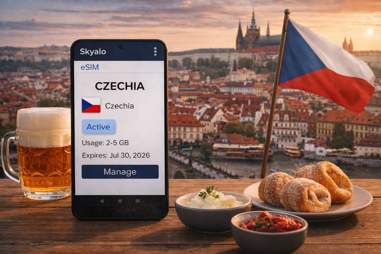 Активированная eSIM для Чехии в приложении Skyalo на смартфоне на фоне пражской архитектуры и традиционной чешской кухни.