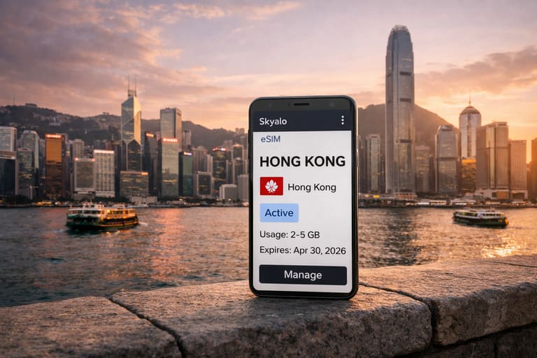 Подключение eSIM для путешествий в Гонконг на смартфоне на фоне панорамы Victoria Harbour.