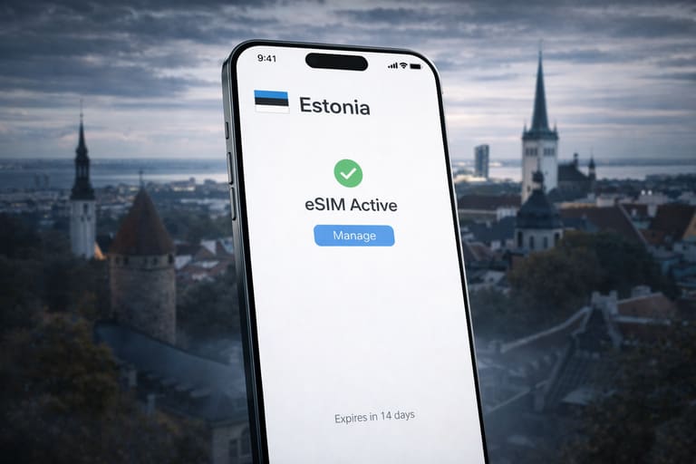 Изображение с крупным смартфоном и активной eSIM для Эстонии на фоне пейзажа Таллина
