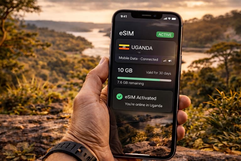 Смартфон с активированной eSIM для Уганды на экране, с чётким интерфейсом и флагом Уганды, на фоне зелёного африканского пейзажа