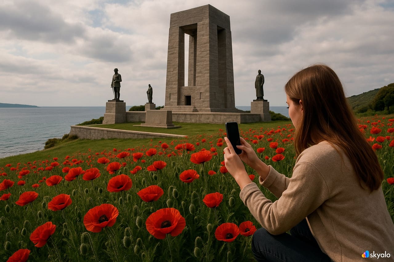 Meitene fotografē magones pie Gallipoli memoriāla pie jūras.